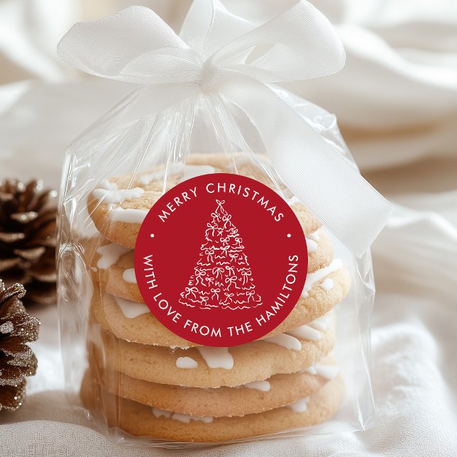 Adesivo Redondo Whimsical Christmas Tree Bows Red Christmas (Criador carregado)