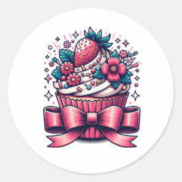 Adesivo Redondo Whimsical de Cupcake de morango