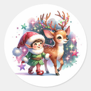 Adesivo Redondo Whimsical Elf e Reindeer Christmas