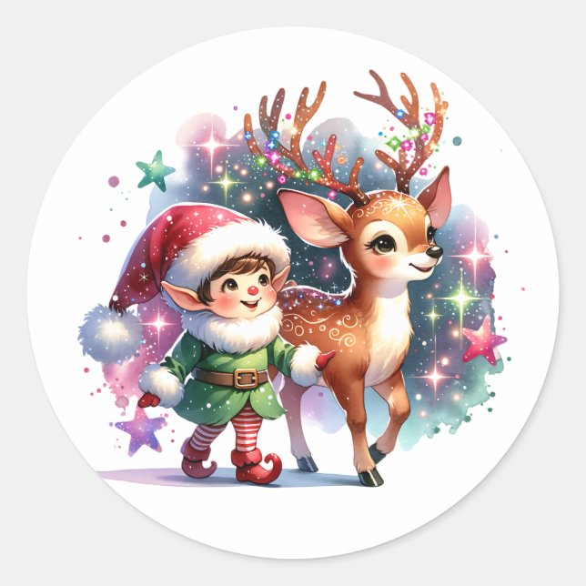 Adesivo Redondo Whimsical Elf e Reindeer Christmas (Frente)
