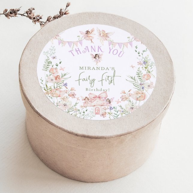 Adesivo Redondo Whimsical Fairy First Birthday Pastel Thank You (Criador carregado)