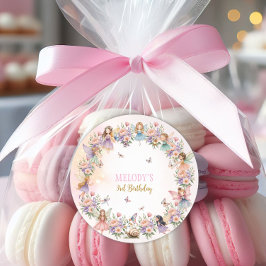 Adesivo Redondo Whimsical flower fairy garden 3rd birthday 