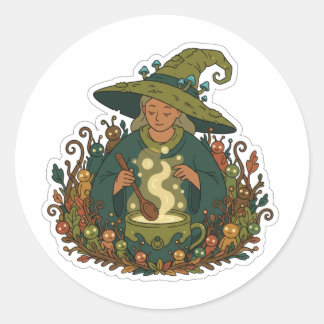 Adesivo Redondo Whimsical Forest Witch | Cozy Magical Brew