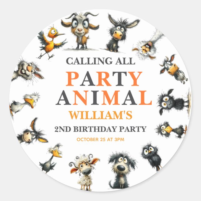 Adesivo Redondo Whimsical Funny Animals 2nd Birthday Party (Frente)