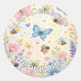 Adesivo Redondo Whimsical Garden Cute Butterfly Bee Ladybug Party