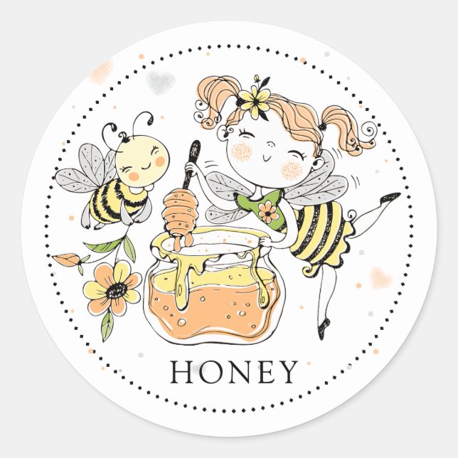 Adesivo Redondo Whimsical Girl bee honey Jar Label (Frente)