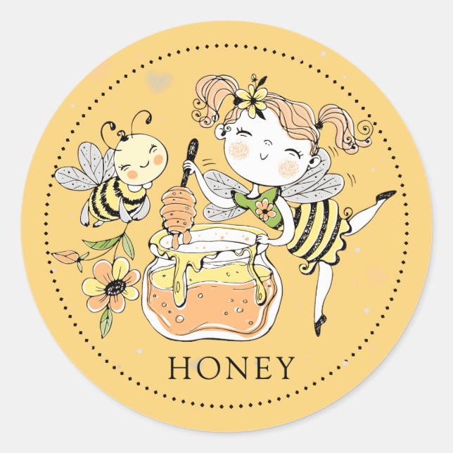 Adesivo Redondo Whimsical Girl bee honey Jar Label (Frente)