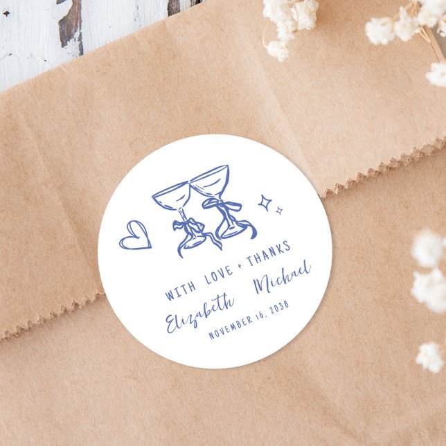 Adesivo Redondo Whimsical Hand Drawn Blue Wedding Thank You (Whimsical Hand Drawn Blue Wedding Thank You Classic Round Sticker)