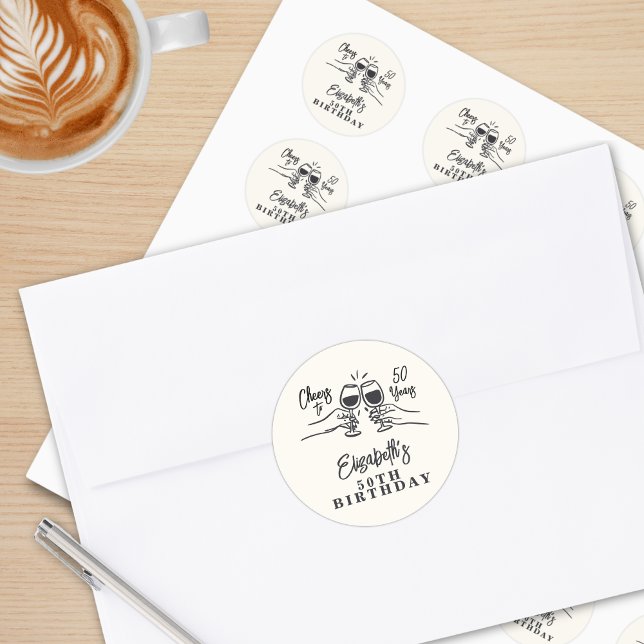 Adesivo Redondo Whimsical Hand Drawn Cheers to 50 Years Birthday  (Criador carregado)