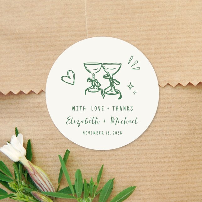 Adesivo Redondo Whimsical Hand Drawn Green Cream Wedding Thank You (Whimsical Hand Drawn Green Cream Wedding Thank You Classic Round Sticker)