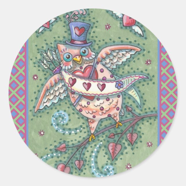 ADESIVO REDONDO WHIMSICAL HOOOTS N' COARDAS CUPID OWL NAMORADOS (Frente)