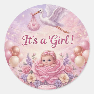 Adesivo Redondo Whimsical It's a Girl Pink Stork Baby Shower 