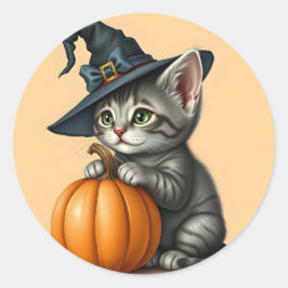 Adesivo Redondo Whimsical Kitty Witch, Halloween Kitten Witch,