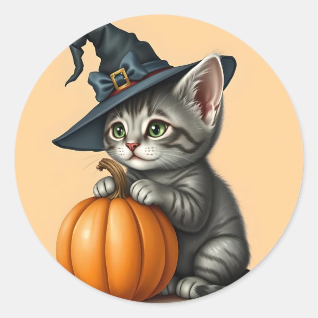 Adesivo Redondo Whimsical Kitty Witch, Halloween Kitten Witch,     (Frente)