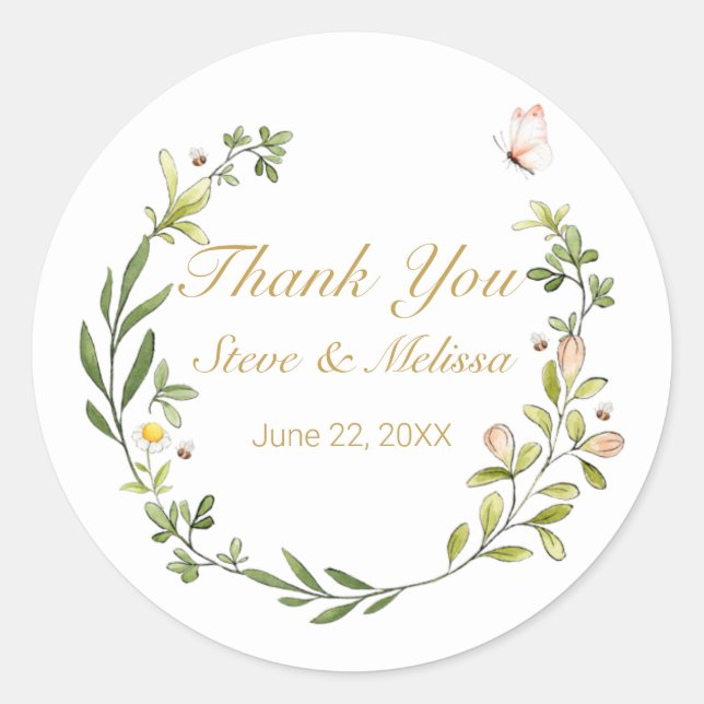 Adesivo Redondo Whimsical Leafy Wreath com Borboleta (Frente)