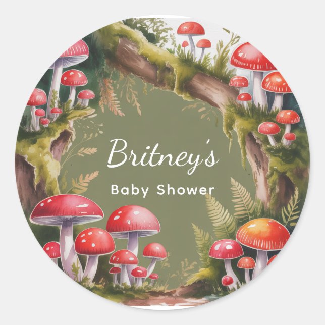 Adesivo Redondo Whimsical Mushroom Baby Shower (Frente)