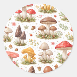 Adesivo Redondo Whimsical Mushroom Pattern – Vintage Botanical