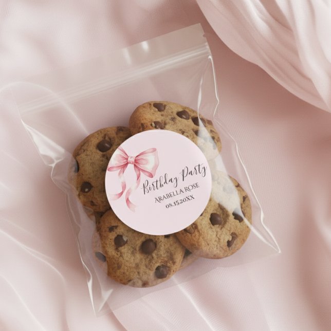 Adesivo Redondo Whimsical Pink Bow Birthday Party (Criador carregado)