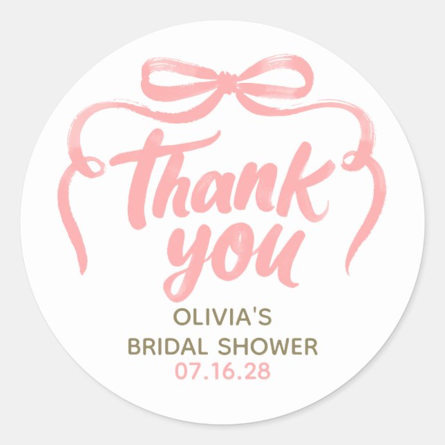 Adesivo Redondo Whimsical Pink Bow Bridal Shower Thank You  (Frente)
