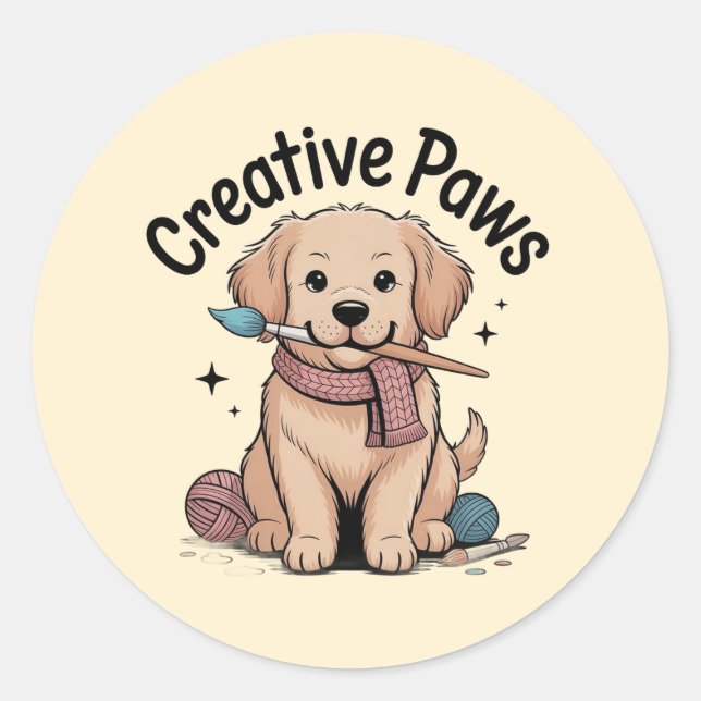 Adesivo Redondo Whimsical Puppy Painter Yarn Enthusiast Sticker (Frente)