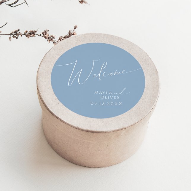 Adesivo Redondo Whimsical Script | Dusty Blue Wedding Welcome (Criador carregado)