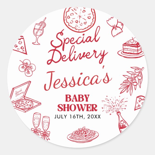 Adesivo Redondo Whimsical Special Delivery Baby Shower (Frente)