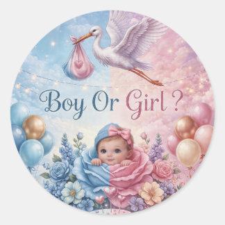 Adesivo Redondo Whimsical Stork Gender Reveal Boy or Girl