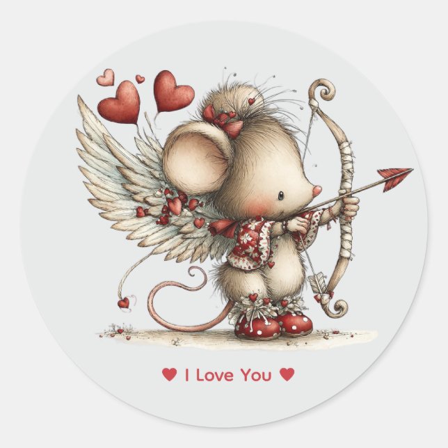 Adesivo Redondo Whimsical Watercolor Cupid Mouse Love Sticker (Frente)
