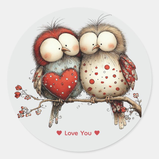Adesivo Redondo Whimsical Watercolor Love Birds Sticker (Frente)