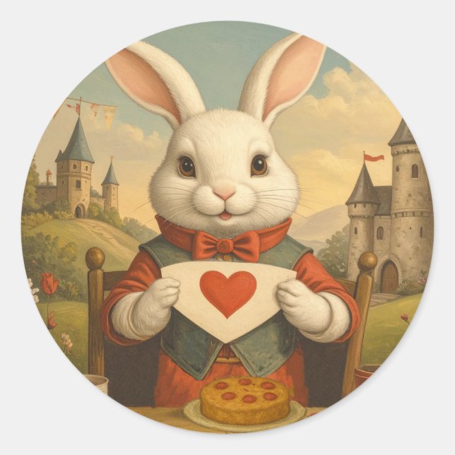 Adesivo Redondo Whimsical White Rabbit Hearts Enchanted Wonderland (Frente)