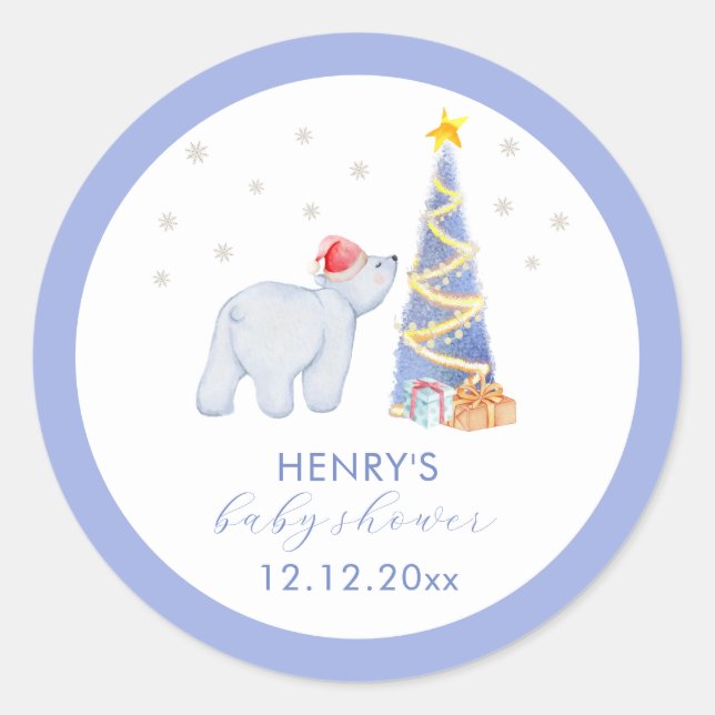 Adesivo Redondo Whimsical Winter Santa Polar Bear Baby Shower  (Frente)