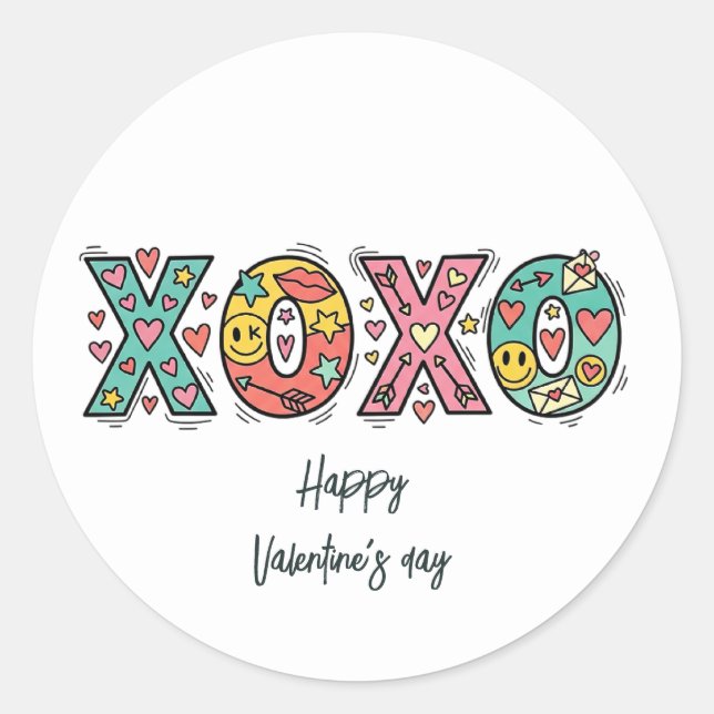 Adesivo Redondo Whimsical "XOXO"Hearts Happy Valentine's Day  (Frente)