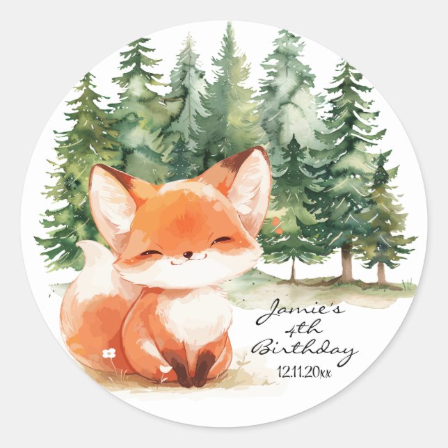 Adesivo Redondo Whimsland Baby Fox 4th Birday (Frente)