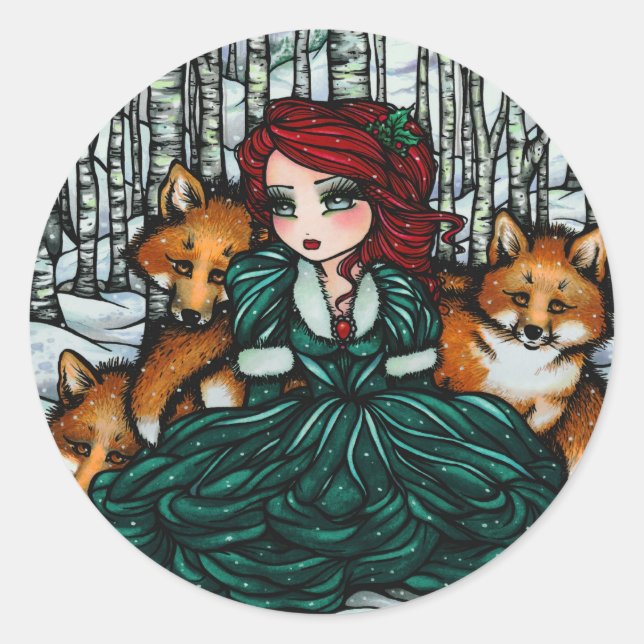 Adesivo Redondo Whimssic Winter Fox Trees Fantasy Fairy Comic Art (Frente)