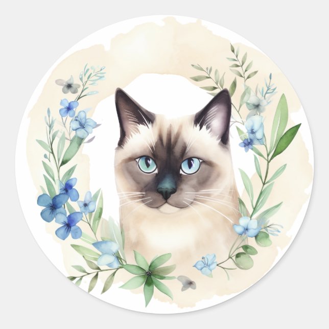 Adesivo Redondo Whimsso Siamese Cat & Botanicals (Frente)