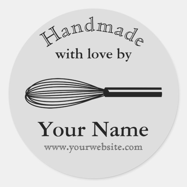 Adesivo Redondo Whisk Baking Sticker Handmade by Your Name Kitchen (Frente)