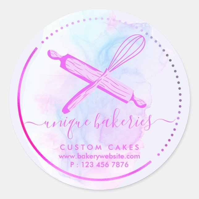 Adesivo Redondo Whisk Rolling Pin Girly Bakery Watercolor Ombre (Frente)