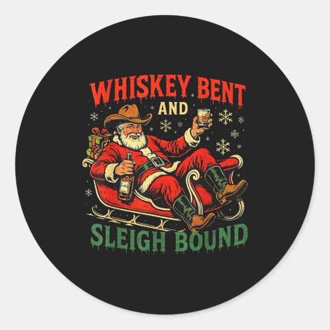 Adesivo Redondo Whiskey Sleigh Bound Cowboy Santa Christmas  (Frente)