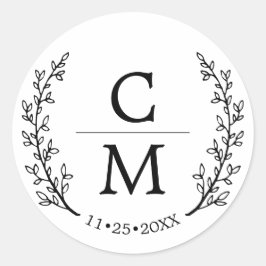 Adesivo Redondo White Black Laurel Branches Monograma Casamento