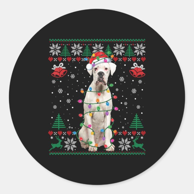 Adesivo Redondo White Boxer Dog Ugly Christmas Sweater Funny Xmas  (Frente)