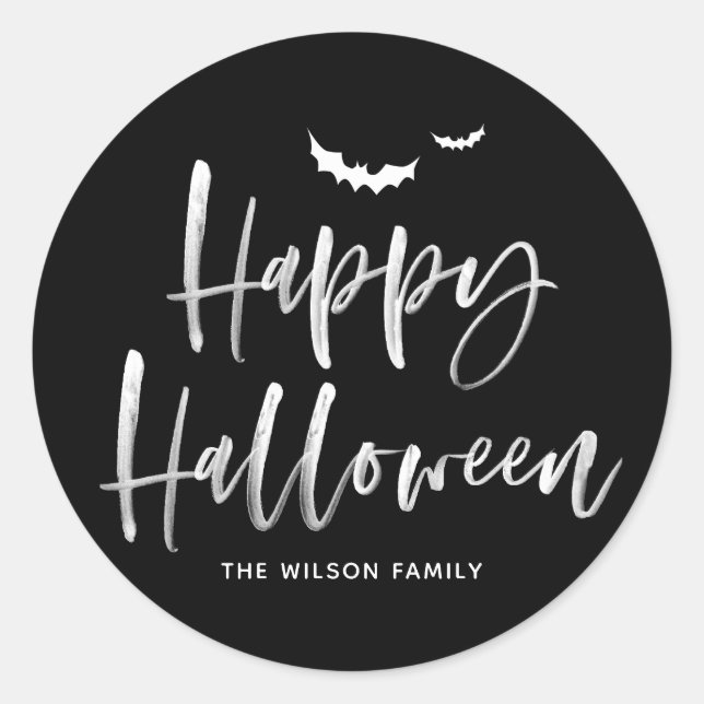 Adesivo Redondo White Brussel Lettering Happy Halloween | Obrigado (Frente)