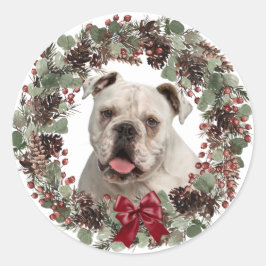 Adesivo Redondo White Buldogue Pinecone Wreath Christmas