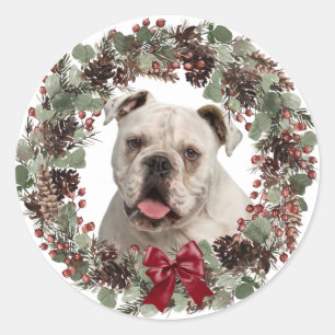Adesivo Redondo White Buldogue Pinecone Wreath Christmas