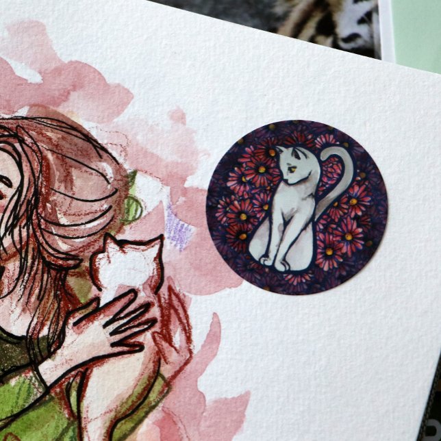 Adesivo Redondo White Cat Mauve Daisies (Criador carregado)