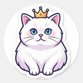 Adesivo Redondo White Cat With Crown Sticker Cute Princess Cat