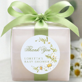 Adesivo Redondo White Daisy Floral Baby Shower Thank You Blue