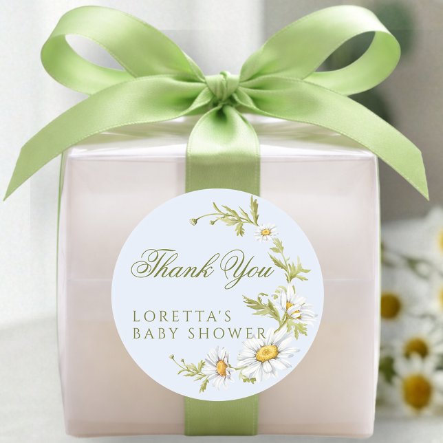 Adesivo Redondo White Daisy Floral Baby Shower Thank You Blue (Criador carregado)
