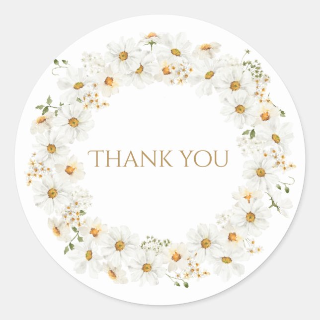 Adesivo Redondo White Daisy Wreath Watercolor Bonito Obrigado (Frente)