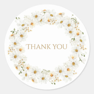 Adesivo Redondo White Daisy Wreath Watercolor Bonito Obrigado