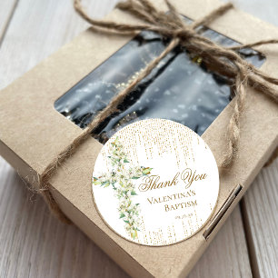 Adesivo Redondo White Floral Cross Dourado Glitter Script Obrigado